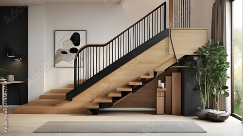  A digital illustration of a contemporary staircase with a black modern handrail and wooden oak handrail  emphasizing modern design aesthetics