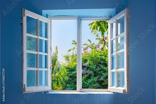 Open window to the back yard with blue wall.