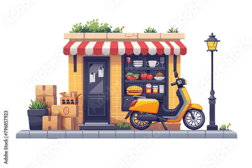A yellow scooter is parked outside a small shop