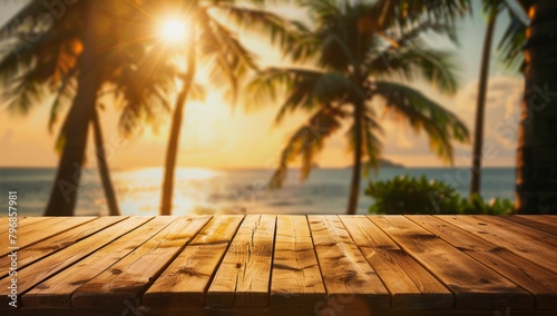A wooden table with a blurred background of palm trees and the sea, bathed in warm sunlight creating an atmosphere that evokes summer relaxation and vacation Generative AI photo