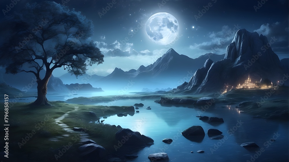 Subject Description: A digital illustration of a mystical landscape bathed in moonlight, blending fantasy and realism to create an enchanting atmosphere