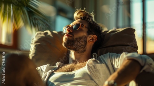 Relaxed Man in Sunglasses Enjoying Golden Hour Sunlight