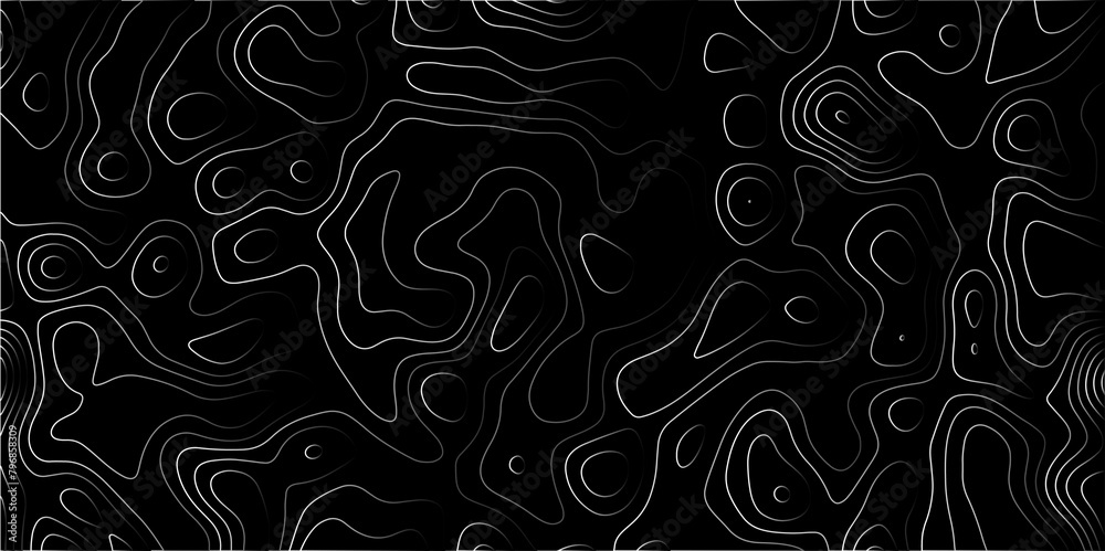 Fototapeta premium Contour map wavy background. Abstract Geographic Gradient line mountain on Black background. Geography scheme and terrain. Topography grid map. Stylized topographic contour map backdrop.