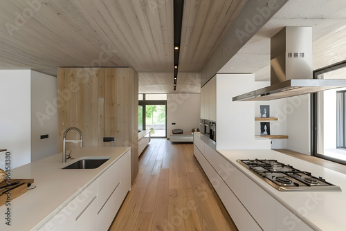 Contemporary modern kitchen interior in white with concrete details.