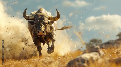 Charging Bull in a Dusty Field: A Display of Power and Ferocity