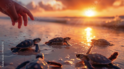 A marine conservation organization releasing baby sea turtles into the ocean at sunset, symbolizing hope for the future of these endangered species.