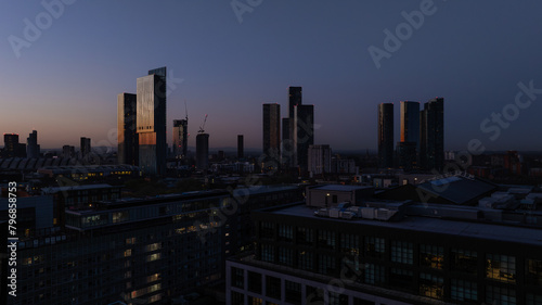 Morning Breaks over Manchester skyline of high-rise buildings