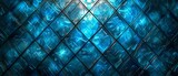 A detailed stained glass window exhibits a symmetrical aqua and electric blue pattern, reminiscent of water droplets, with intricate rectangles and a fontinspired style, creating a mesmerizing visual 