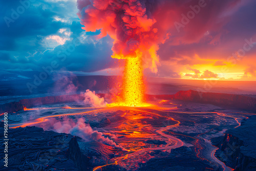 Majestic volcano eruption at sunset