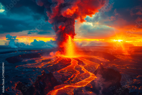 Fiery volcano eruption at sunset