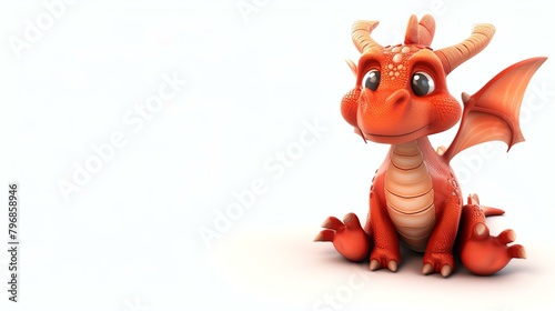 Cute and adorable red baby dragon sitting on a white background  looking at the camera with big  round eyes. 3D rendering.