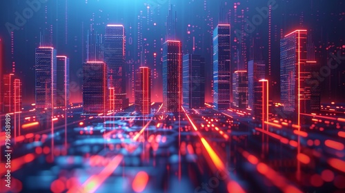 Digital Technology: A 3D vector illustration of a digital cityscape, with skyscrapers and neon lights