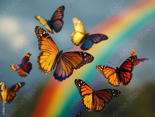 A colorful rainbow serves as the backdrop for a group of vibrant butterflies flittering through the air, showcasing the beauty and artistry of these pollinators 8K , high-resolution, ultra HD,up32K HD