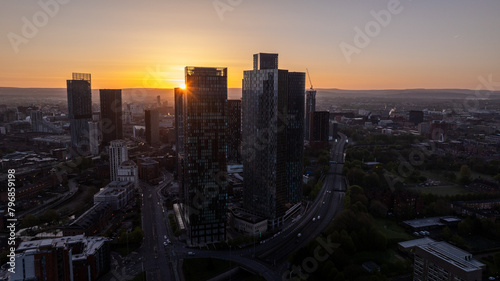 Manchester skyline with skyscrapers at sunrise