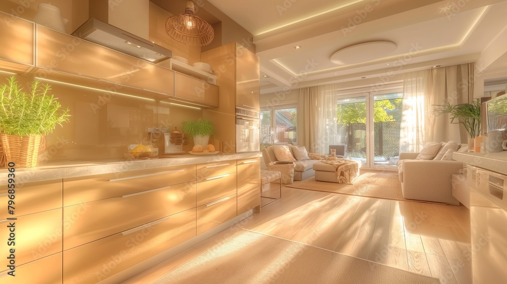Sunlight Bathes a Modern Kitchen and Living Room During a Summer Morning Sunlight Bathes a Modern Kitchen and Living Room During a Summer Morning