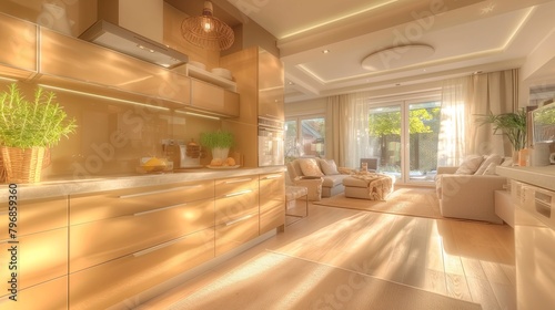 Sunlight Bathes a Modern Kitchen and Living Room During a Summer Morning