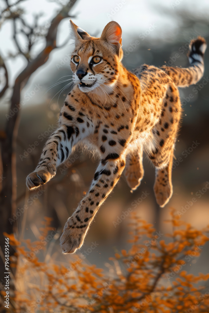 A serval leaping high to catch a bird, its body stretched out in a beautiful display of agility and strength, A serval leaping high to catch a bird, its body stretched out in a beautiful display of agility and strength,