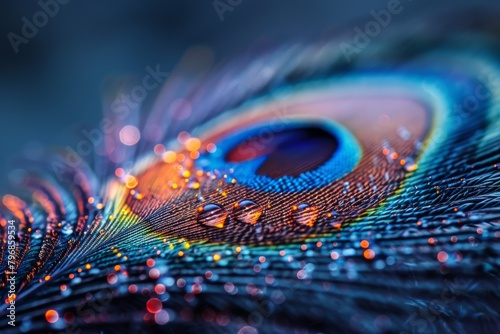 The refractive quality of water droplets enhances the natural artistry of a peacock feather