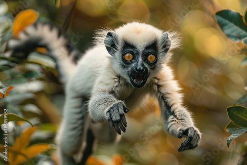 A Sifaka leaping energetically from tree to tree in the unique ecosystem of Madagascar, photo