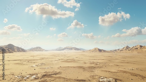 This is a beautiful landscape image of a vast desert with large sand dunes and a clear blue sky with white clouds.