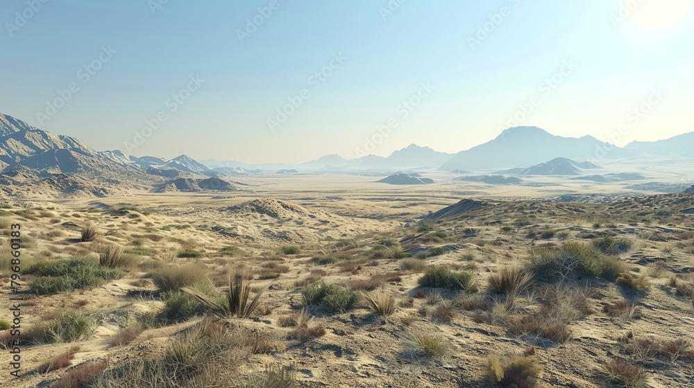 A vast desert landscape with rugged mountains in the distance. The foreground is covered in sand and scrubby vegetation.