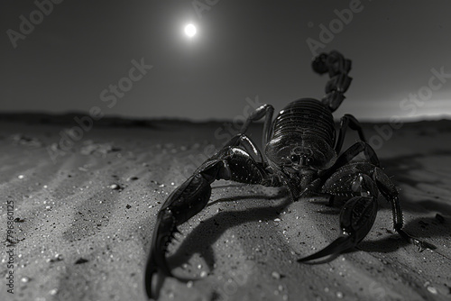 A scorpion scuttling across the sand under the moonlight, its silhouette sharp against the desert floor,