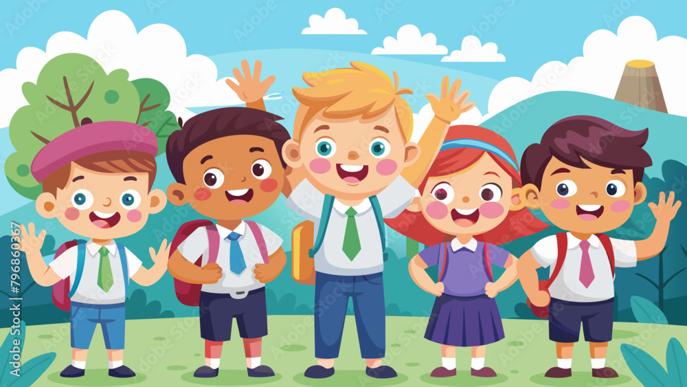 illustration-of-happy-school-kids-cartoon-waving-h