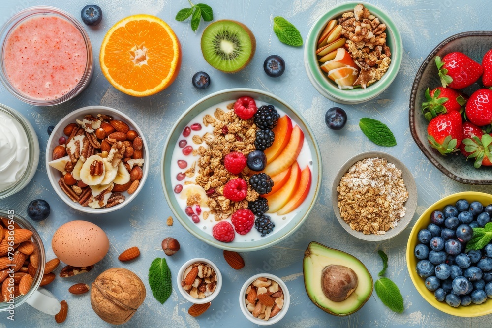 Crunchy, healthy cereal with nuts, wholegrain, oats, and sugar for a fruitful breakfast experience. Crunchy, healthy cereal with nuts, wholegrain, oats, and sugar for a fruitful breakfast experience.