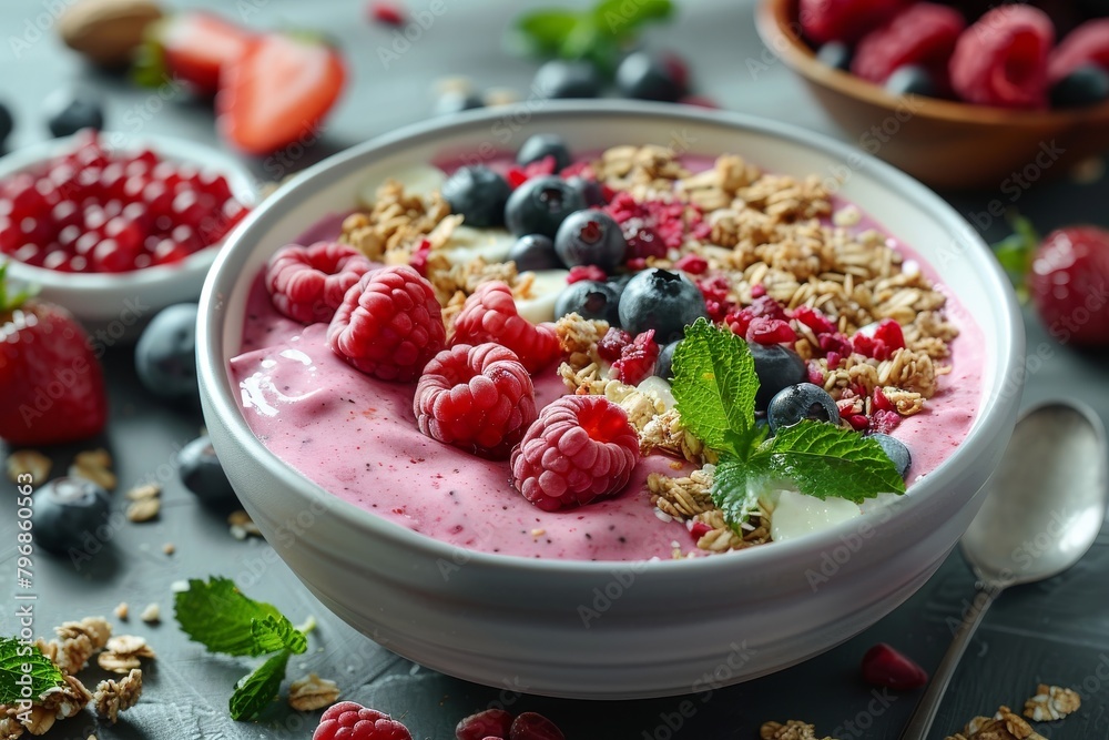 Nutrition-rich eating with granola, fruits, and nuts in cereal for a healthy, crunchy morning meal. Nutrition-rich eating with granola, fruits, and nuts in cereal for a healthy, crunchy morning meal.