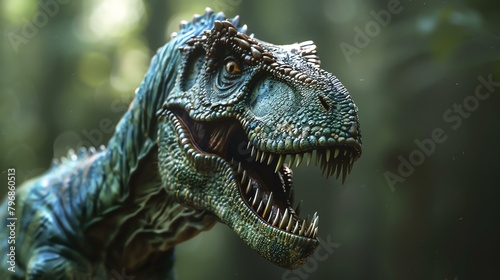 The fearsome Tyrannosaurus Rex dinosaur stands tall in the jungle  its massive jaws open wide and ready to attack.