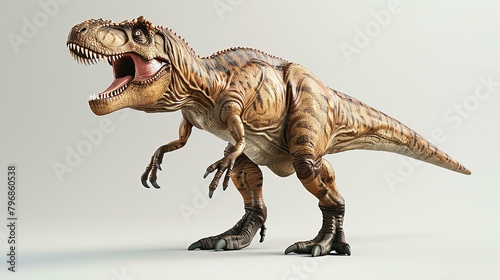The fearsome Tyrannosaurus Rex stands tall, its massive jaws open wide, ready to devour its next victim. © Nijat