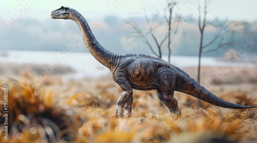 A dinosaur stands in a field of tall grass. The dinosaur is a large, long-necked animal with a long tail. It is covered in brown and green scales.