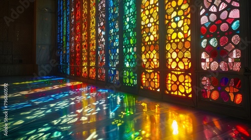 Grid Art: A photo of a stained glass window, showcasing intricate patterns and colors arranged in a grid