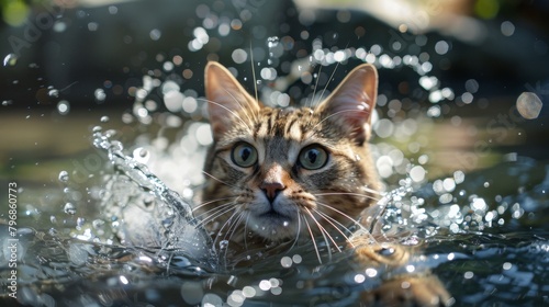 A playful cat splashing in a shallow pool of water, its eyes wide with excitement as it enjoys a refreshing dip. © Plaifah