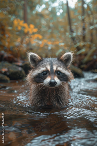 A raccoon washing food in a crystal-clear stream, its masked face turned curiously towards a rustling sound,