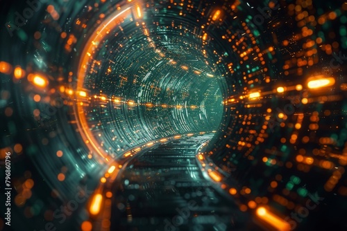 An immersive green cyber tunnel creates a sense of rapid movement and high-speed data transmission through technology space photo