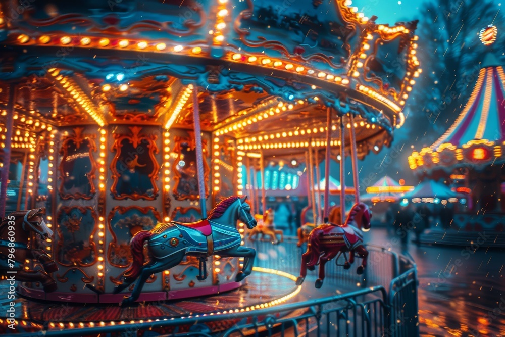 A carousel adorned with vibrant lights brings life to the classic horses, evoking both nostalgia and whimsy in the nighttime setting