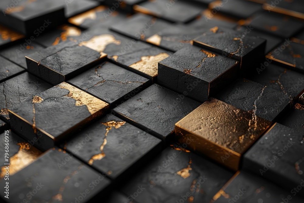 Close-up of stylish black blocks with deluxe gold cracks showing a concept of luxury and high-end design Close-up of stylish black blocks with deluxe gold cracks showing a concept of luxury and high-end design