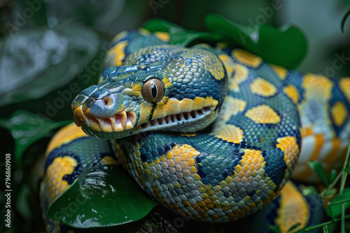 A python wrapped around a branch in a dense rainforest, its eyes alert and watching,