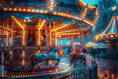 A carousel adorned with vibrant lights brings life to the classic horses, evoking both nostalgia and whimsy in the nighttime setting © Larisa AI