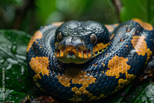 A python wrapped around a branch in a dense rainforest, its eyes alert and watching,