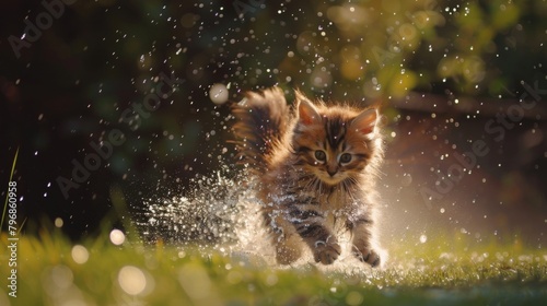 A playful kitten chasing after water sprayed from a garden hose, its fluffy coat glistening with droplets of liquid joy.