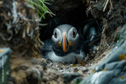 A puffin with a beak full of fish, preparing to feed its young in a coastal burrow, photo