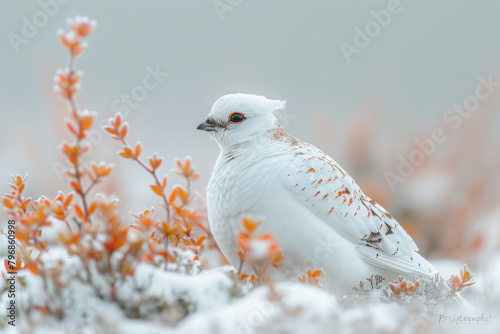 A ptarmigan in winter plumage, almost invisible against the snowy ground, photo