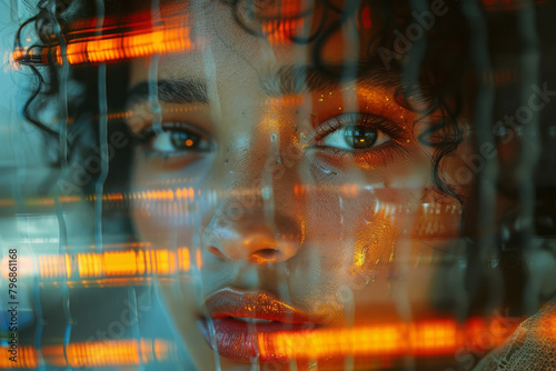 A portrait that glitches progressively from the top down, merging human features with digital noise,