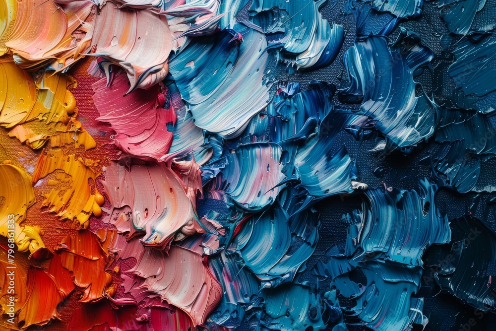 A close-up shot capturing the dynamic and vibrant texture of colorful paint strokes applied with a palette knife technique