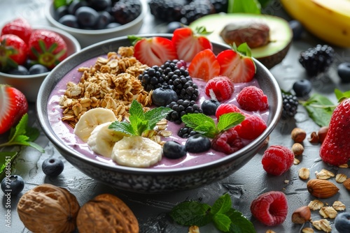 Morning cereal with organic grains and raisins closeup: crispy nuts and fruit in an energy-rich breakfast.