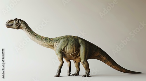 3D rendering of a realistic dinosaur  with a long neck and a green and brown scaly skin. It is standing on a white background and looking to the left.