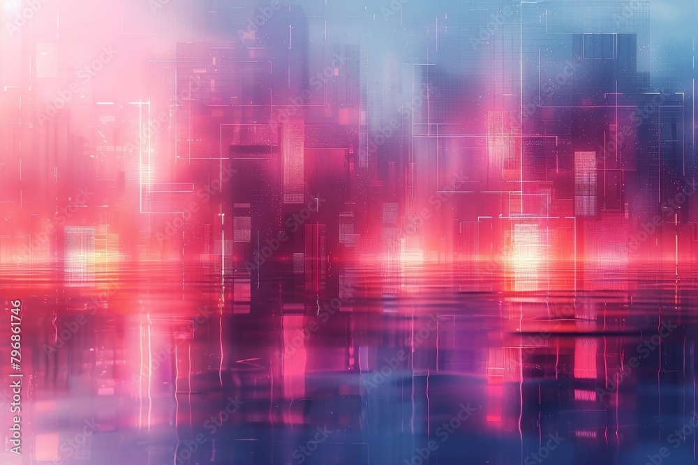 A digital art representation of a futuristic cityscape reflected in water, glowing with neon pinks and blues for a cyberpunk aesthetic