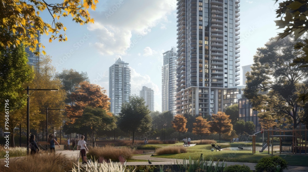 Obraz premium A residential high-rise building towering over a city park, providing a modern living space with panoramic views of the urban landscape.
